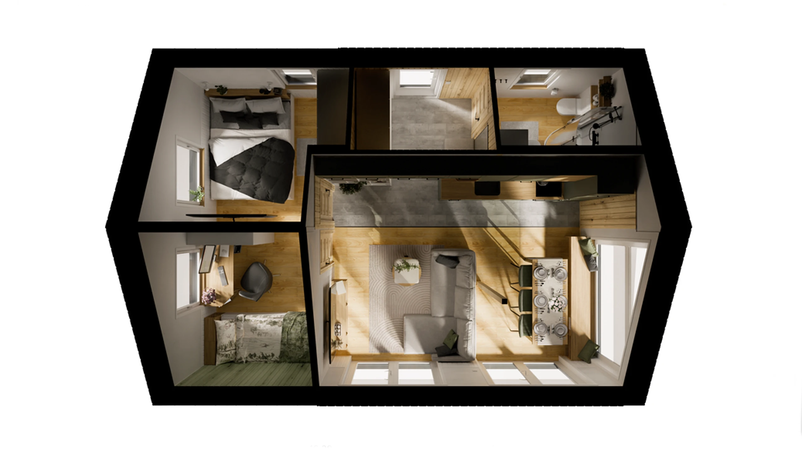 3D-Grundriss Evergreen: Aufsicht mit zwei Schlafzimmern, Badezimmer, Küche und Wohnbereich