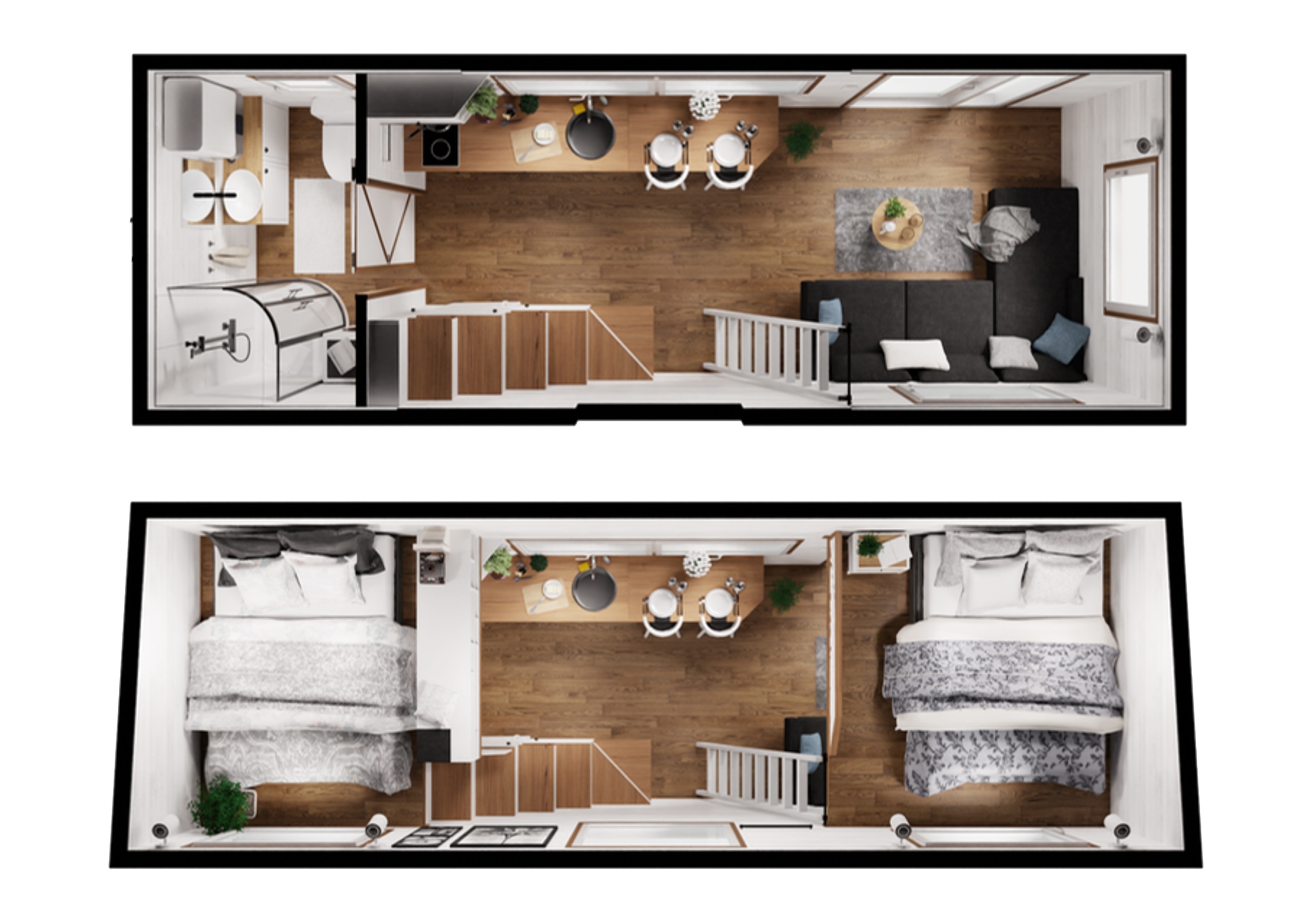 3D-Grundriss Porto: Erdgeschoss mit Badezimmer, Küche mit Theke, Treppe und Wohnbereich, Loft-Ebene mit zwei Doppelbetten
