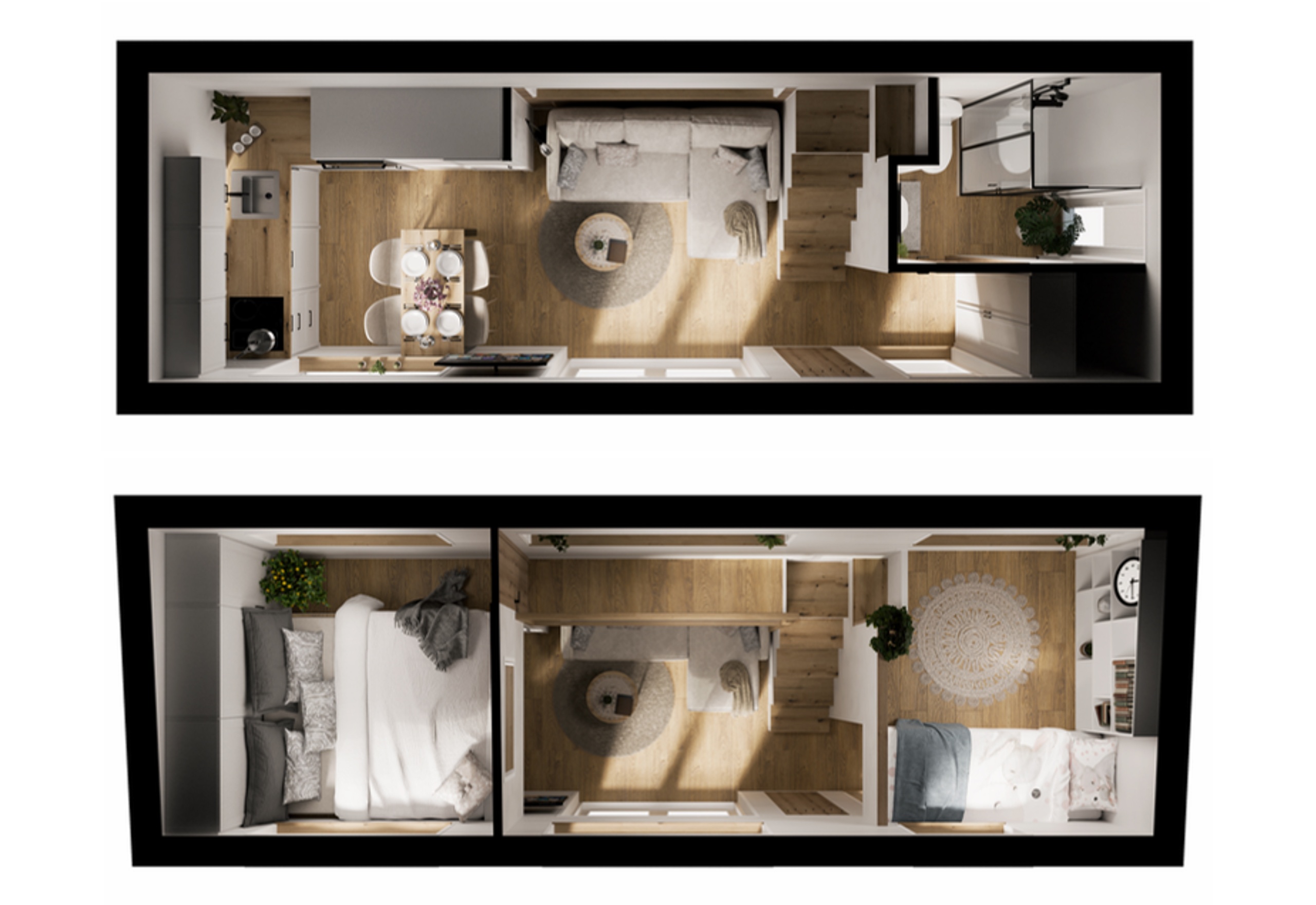 3D-Grundriss River: Erdgeschoss mit Küche, Essplatz, Wohnbereich und Badezimmer, Loft-Ebene mit Doppelbett und Einzelbett