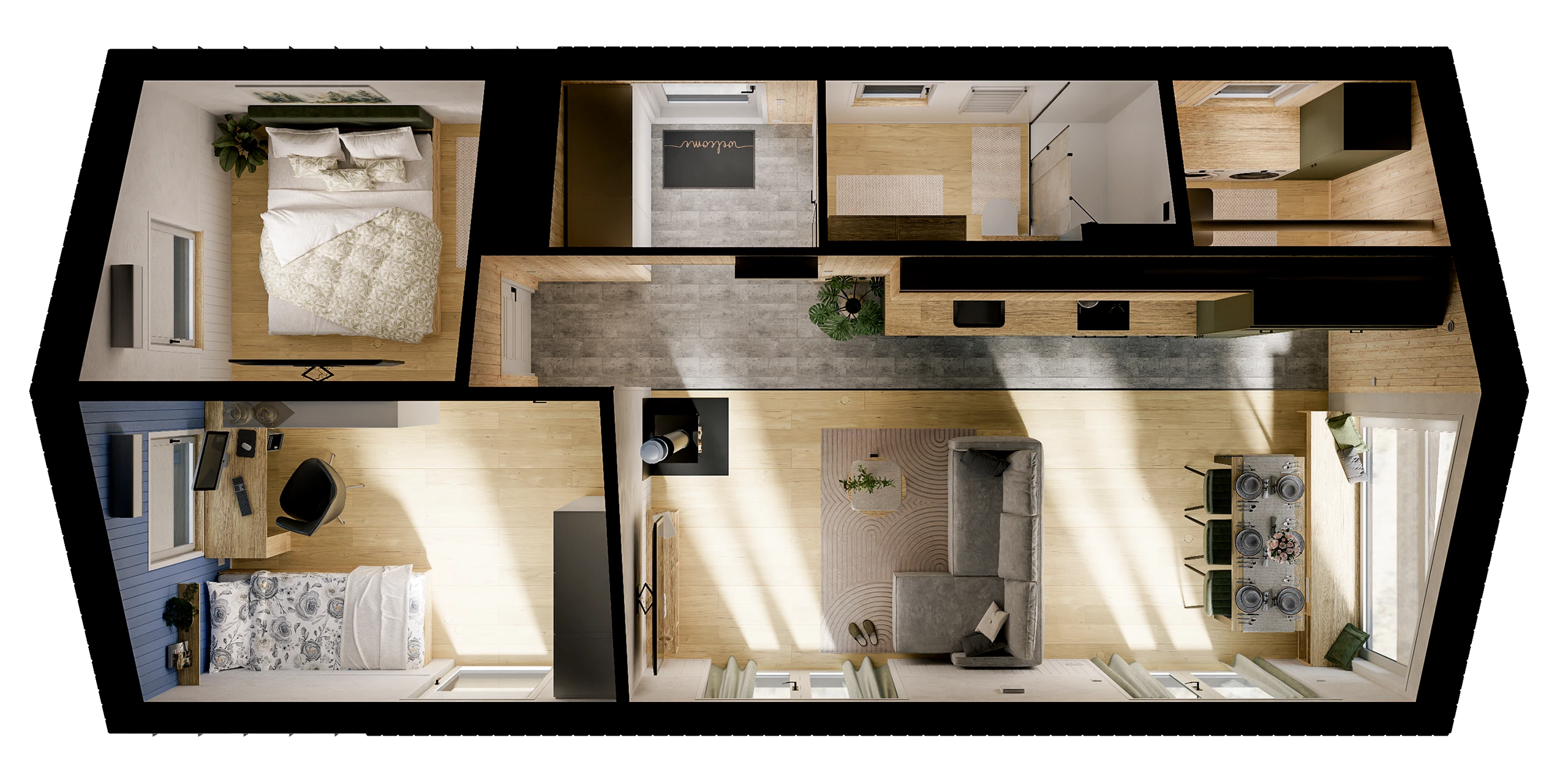 Pianta 3D Evergreen XL: camera da letto, stanza con postazione di lavoro, bagno, locale tecnico, cucina e zona giorno-pranzo