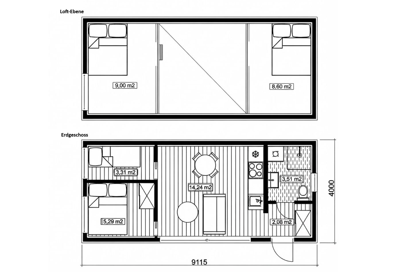 Pianta MNLoft: soggiorno con cucina, due camere da letto, doccia/WC e due soppalchi notte, dimensioni esterne 9115 × 4000 mm
