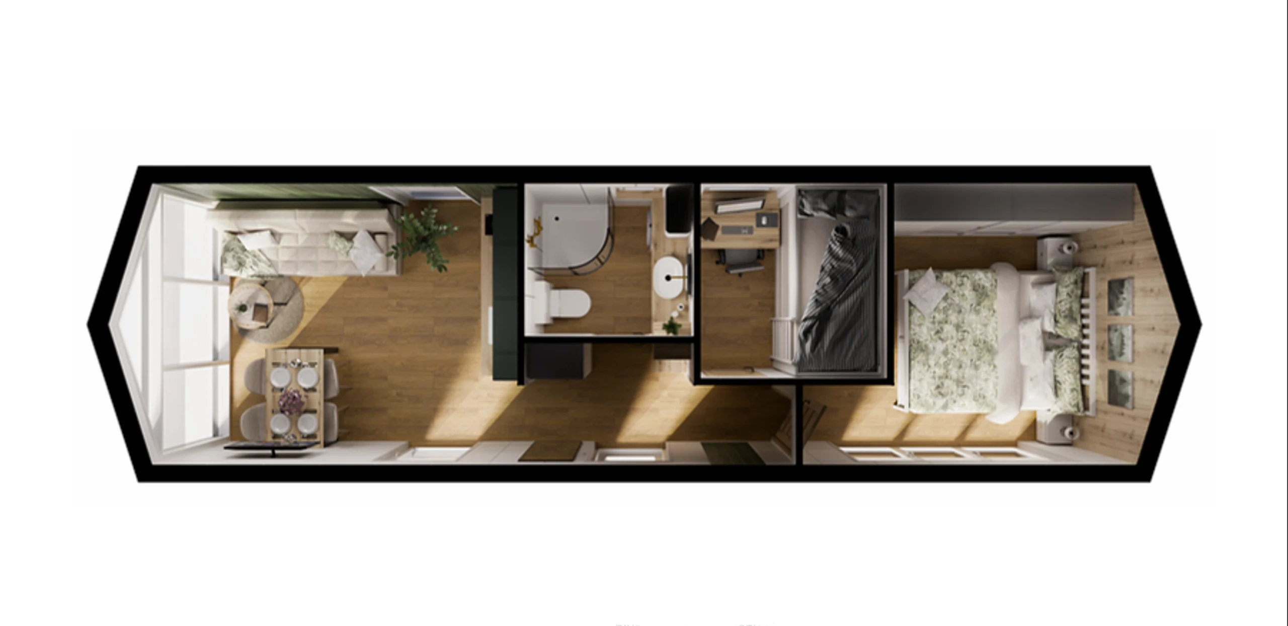3D-Grundriss Sky: Aufsicht mit Essbereich, Badezimmer, Flur und zwei Schlafzimmern