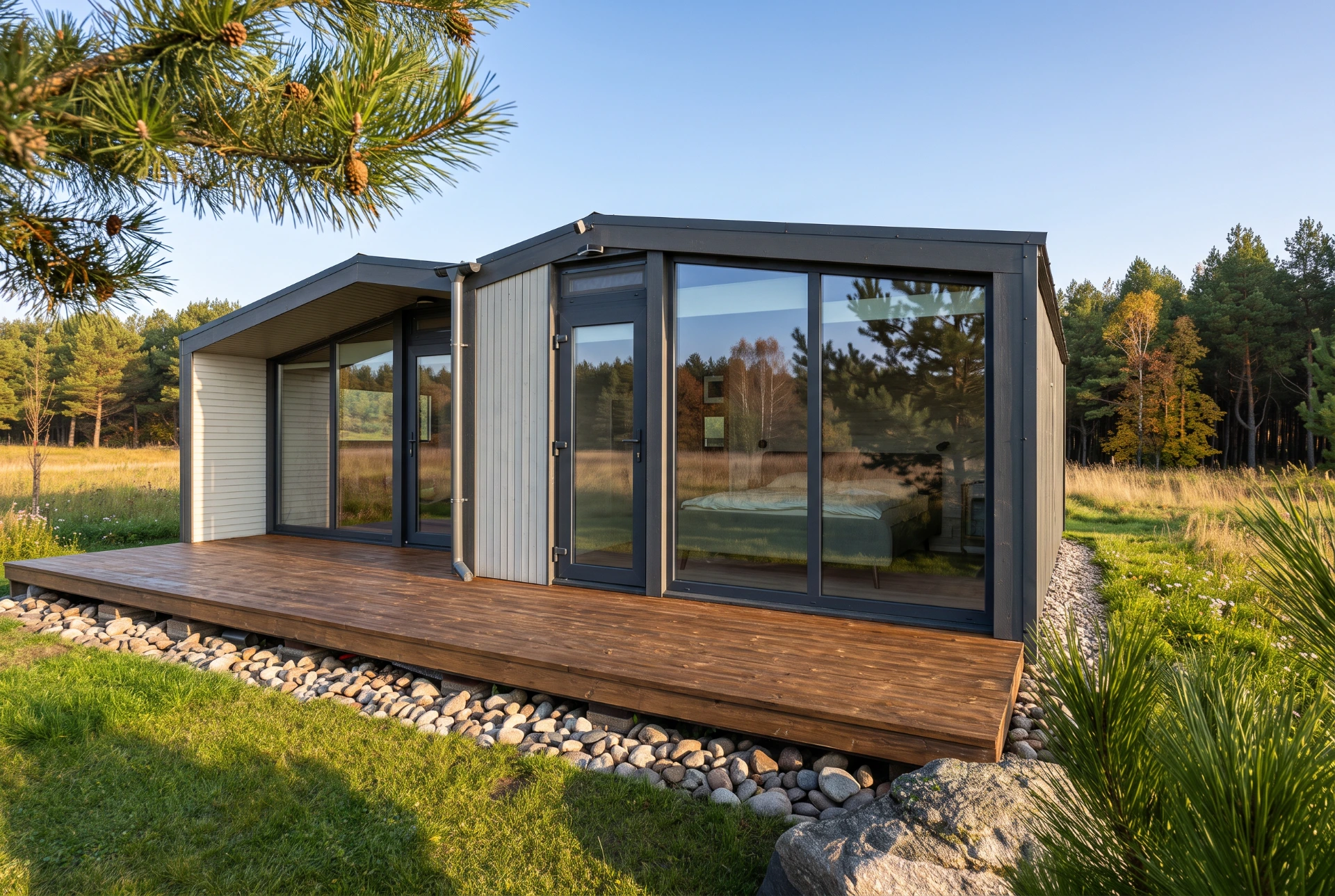 Modulhaus mit grossen Schiebefenstern und Holzdeck am Waldrand