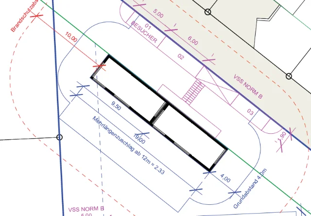 Zurich project: site plan with two tiny houses and the boundary distances marked