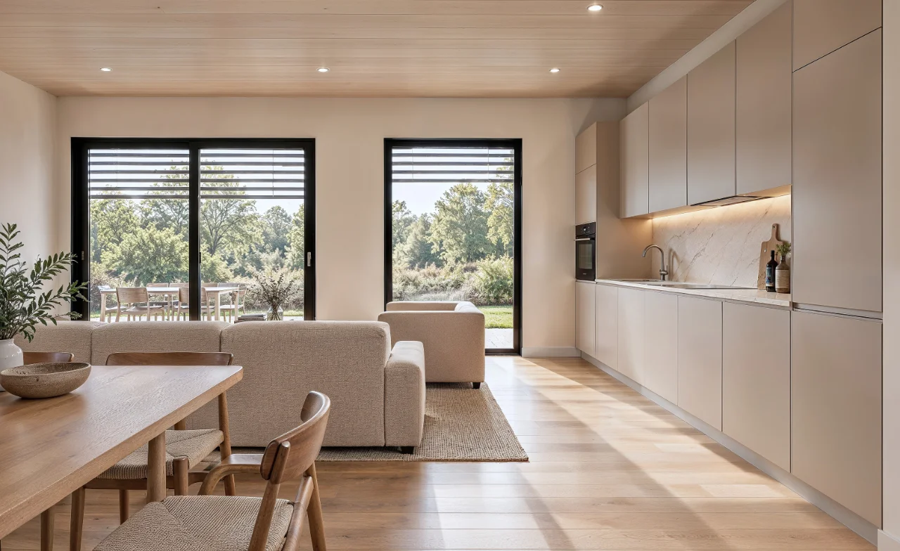 Soldanella Bungalow living room, white/timber ceiling