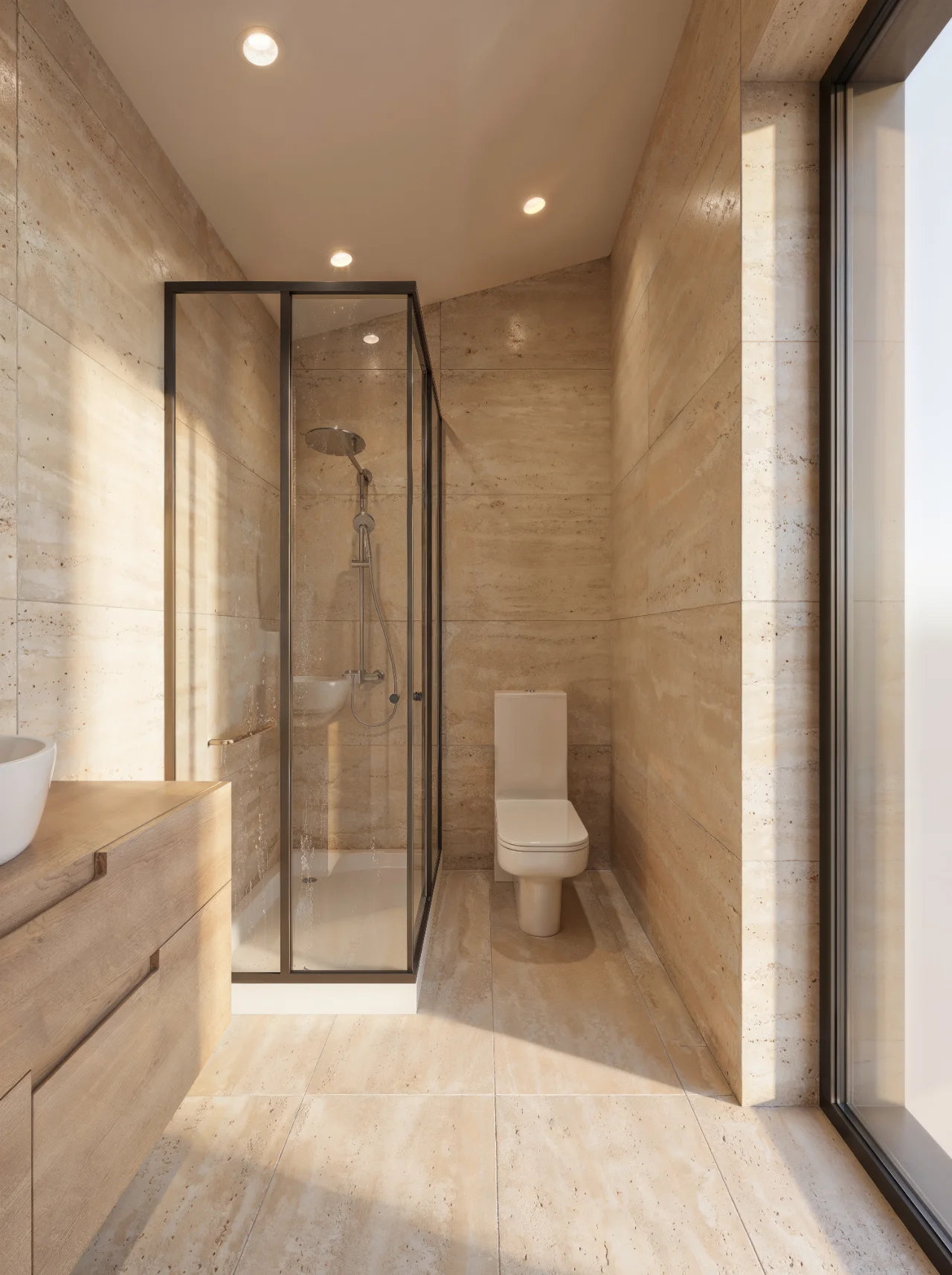 Tourist: Bad mit Fliesen in Steinoptik, Dusche mit Glaswand, WC und raumhohem Fenster